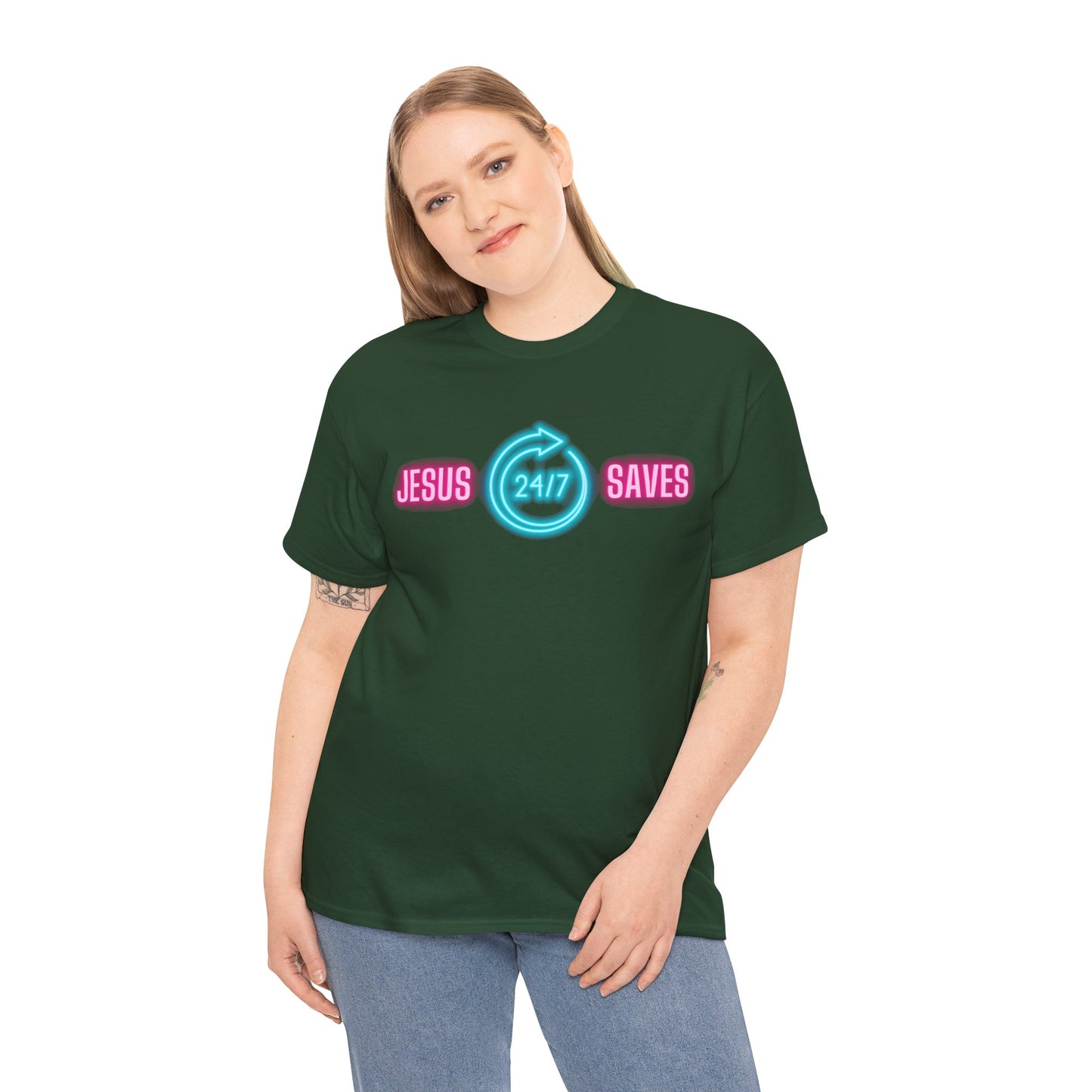 JESUS SAVES 24- 7  1- Unisex Heavy Cotton Tee