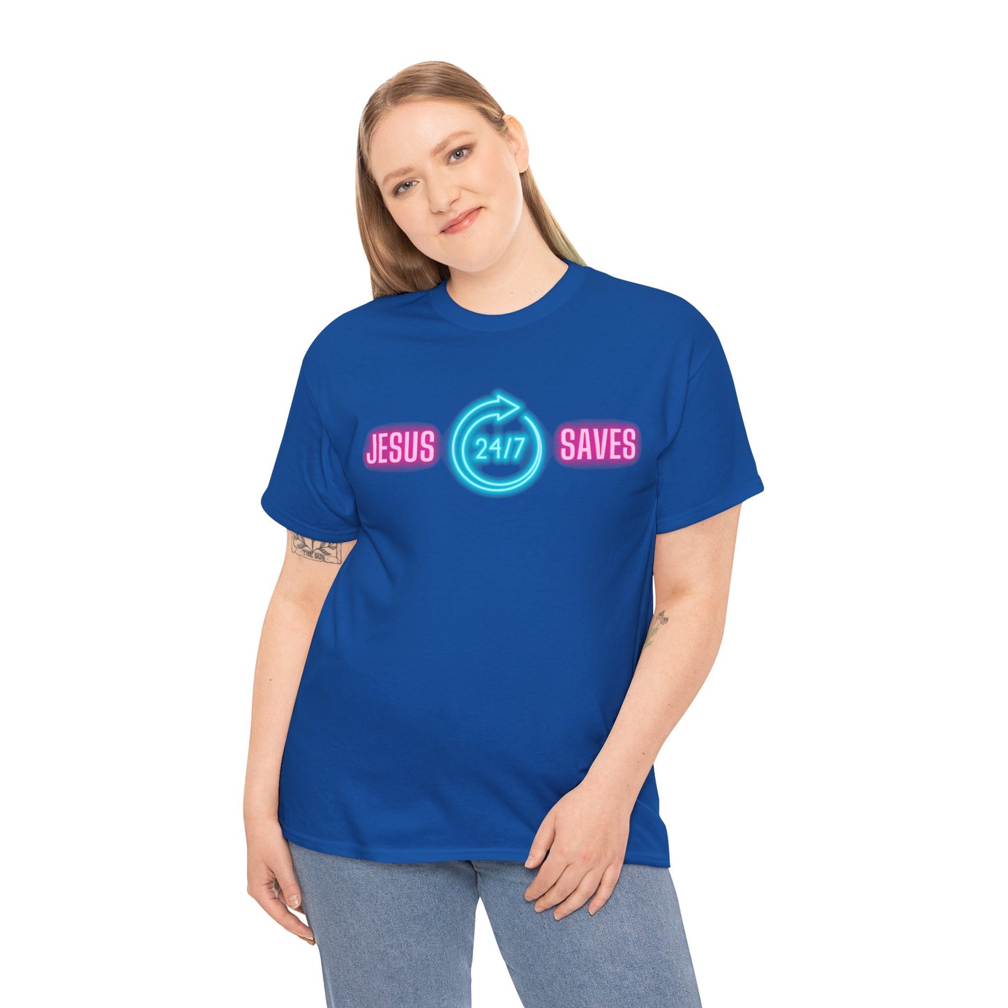 JESUS SAVES 24- 7  1- Unisex Heavy Cotton Tee