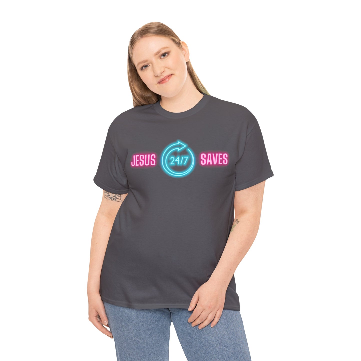 JESUS SAVES 24- 7  1- Unisex Heavy Cotton Tee