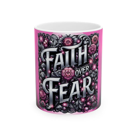 Silver Faith Over Fear Ceramic Mug, Inspirational Coffee Cup, Motivational Gift for Her, Spiritual Decor, Worship Music Link,