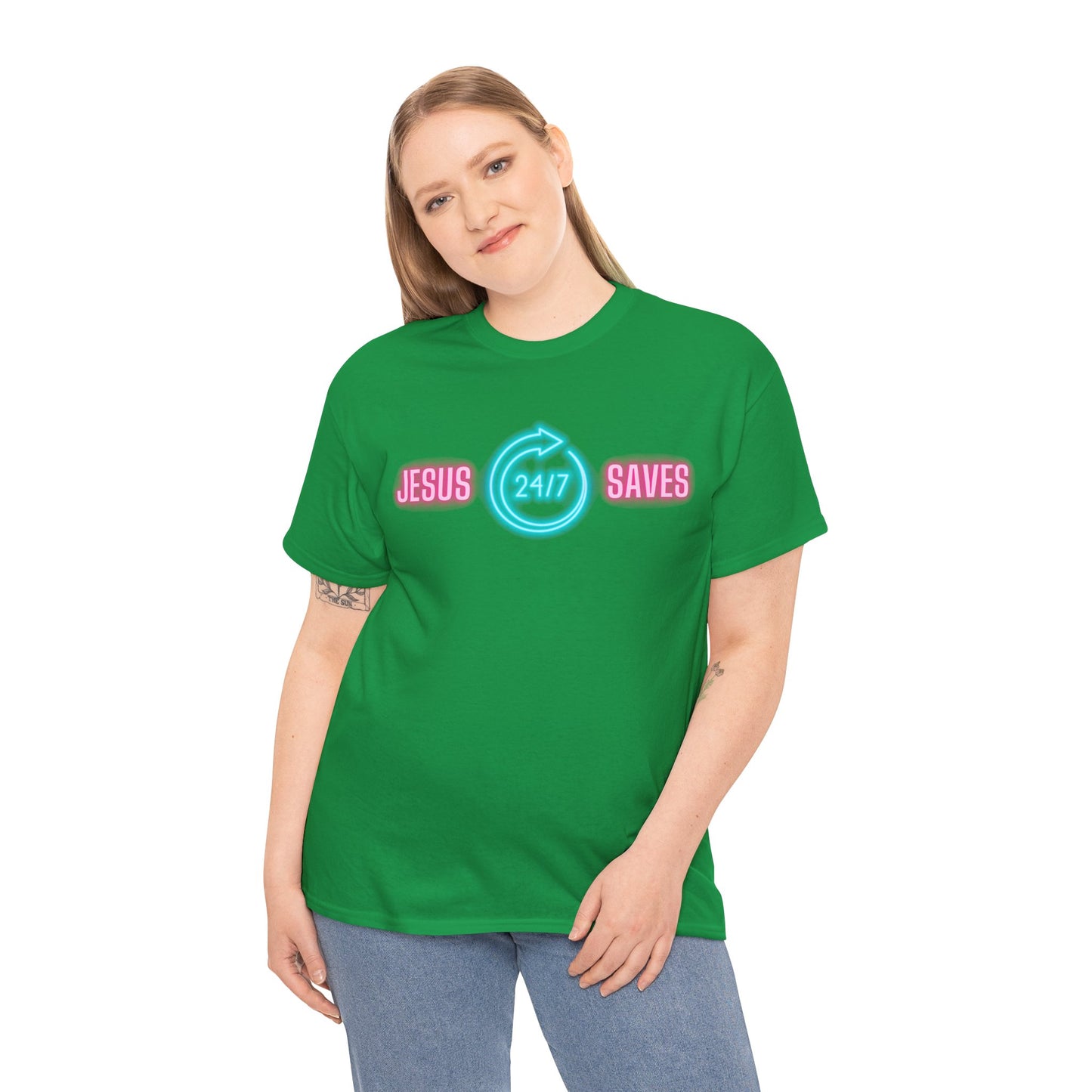 JESUS SAVES 24- 7  1- Unisex Heavy Cotton Tee