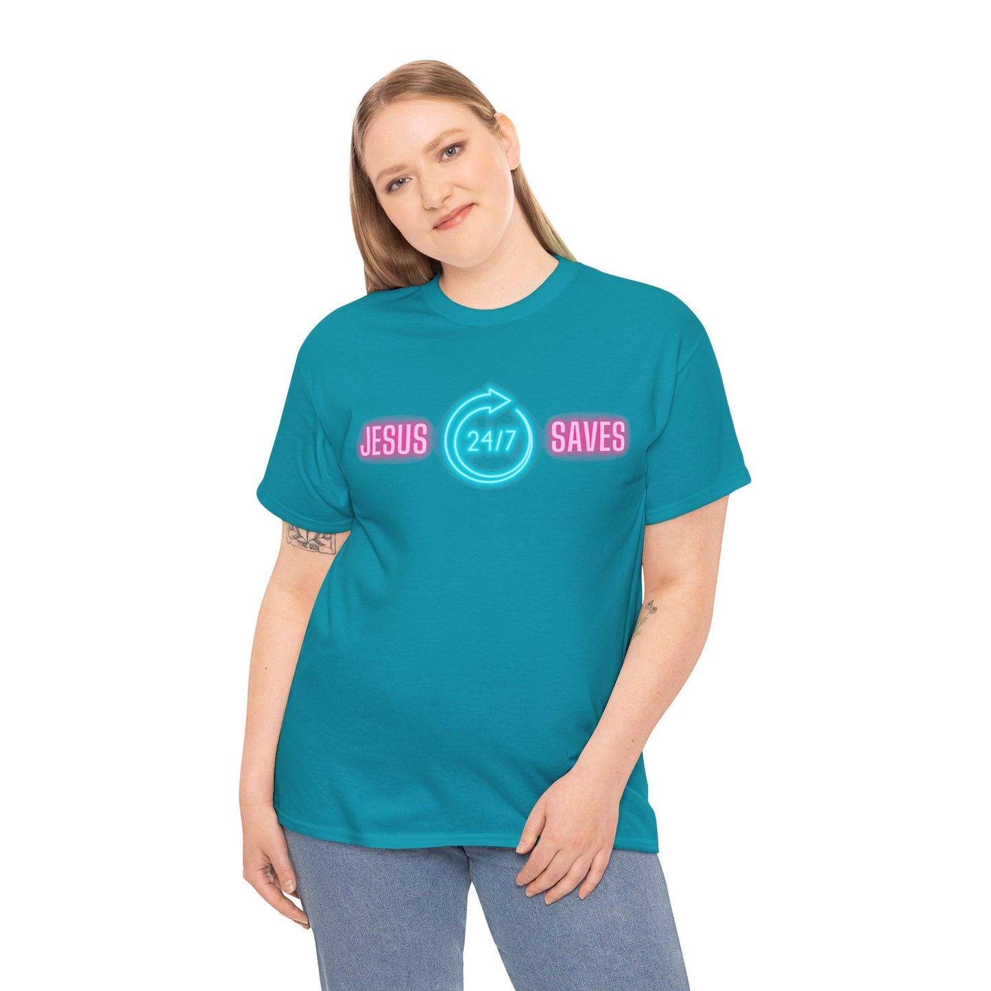 JESUS SAVES 24- 7  1- Unisex Heavy Cotton Tee