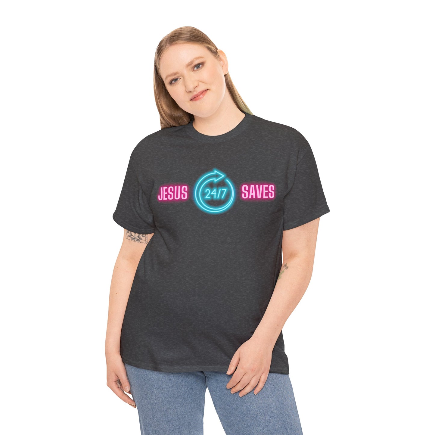 JESUS SAVES 24- 7  1- Unisex Heavy Cotton Tee