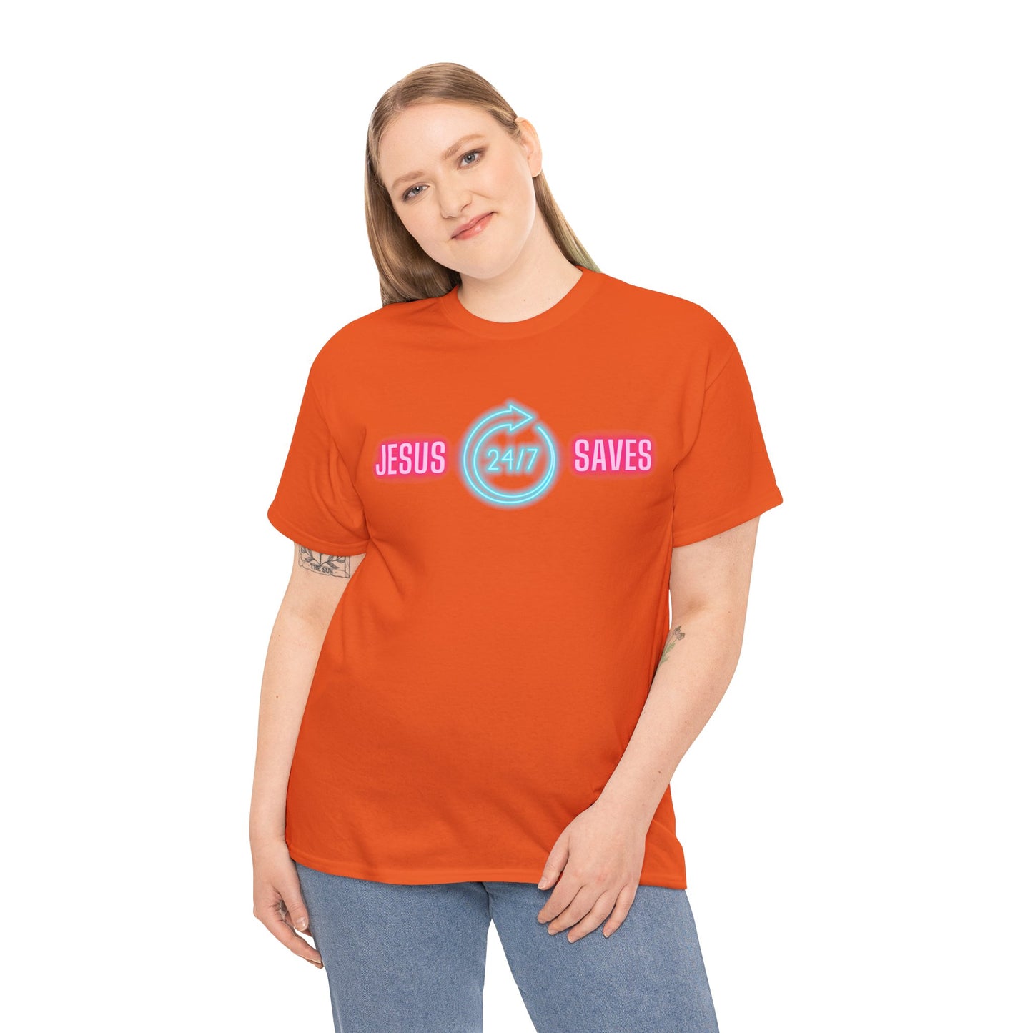 JESUS SAVES 24- 7  1- Unisex Heavy Cotton Tee