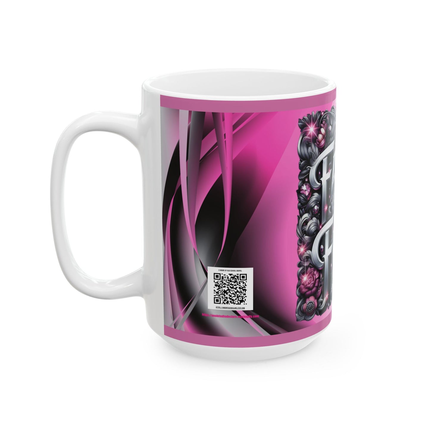 Silver Faith Over Fear Ceramic Mug, Inspirational Coffee Cup, Motivational Gift for Her, Spiritual Decor, Worship Music Link,