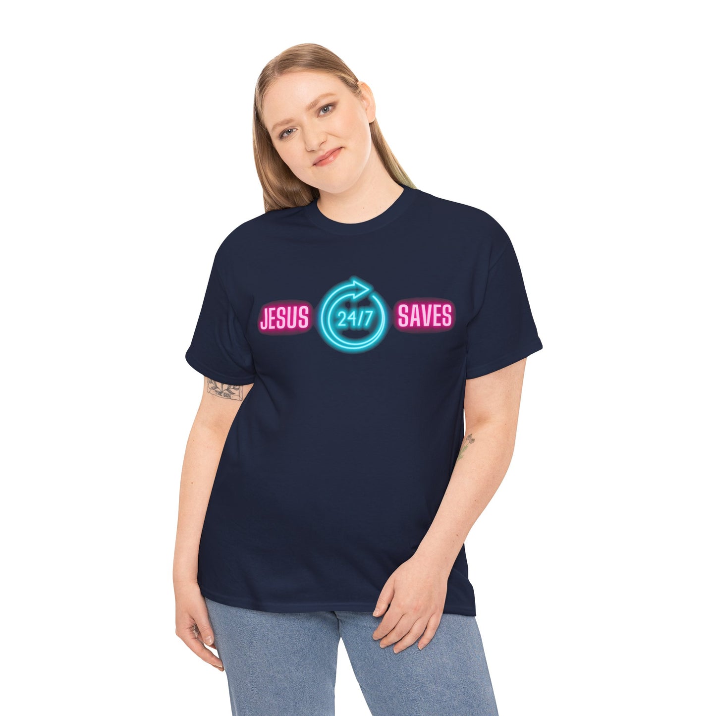 JESUS SAVES 24- 7  1- Unisex Heavy Cotton Tee