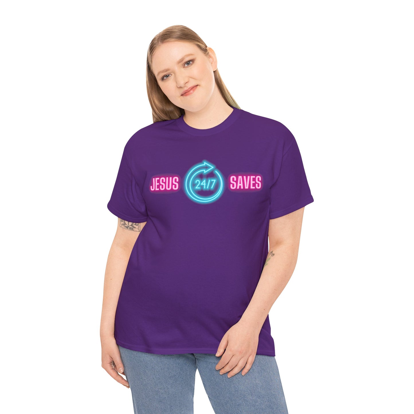 JESUS SAVES 24- 7  1- Unisex Heavy Cotton Tee