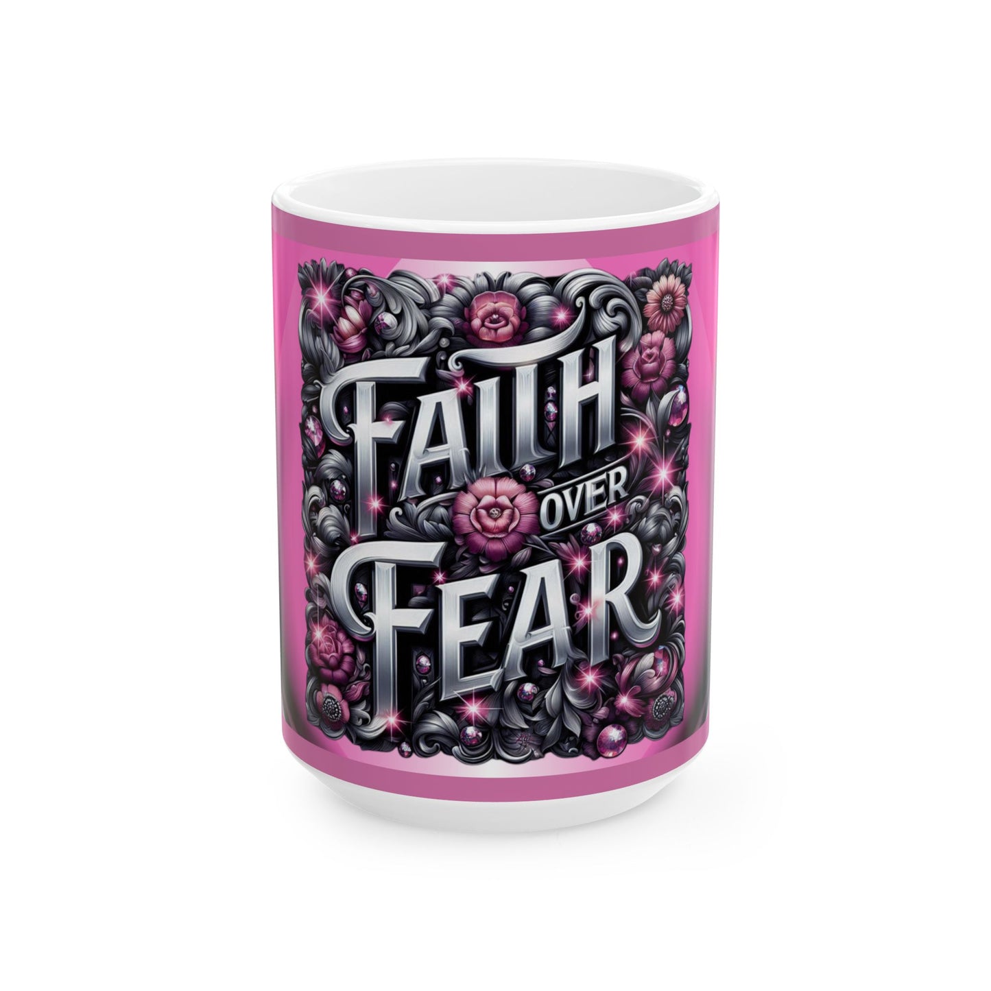 Silver Faith Over Fear Ceramic Mug, Inspirational Coffee Cup, Motivational Gift for Her, Spiritual Decor, Worship Music Link,