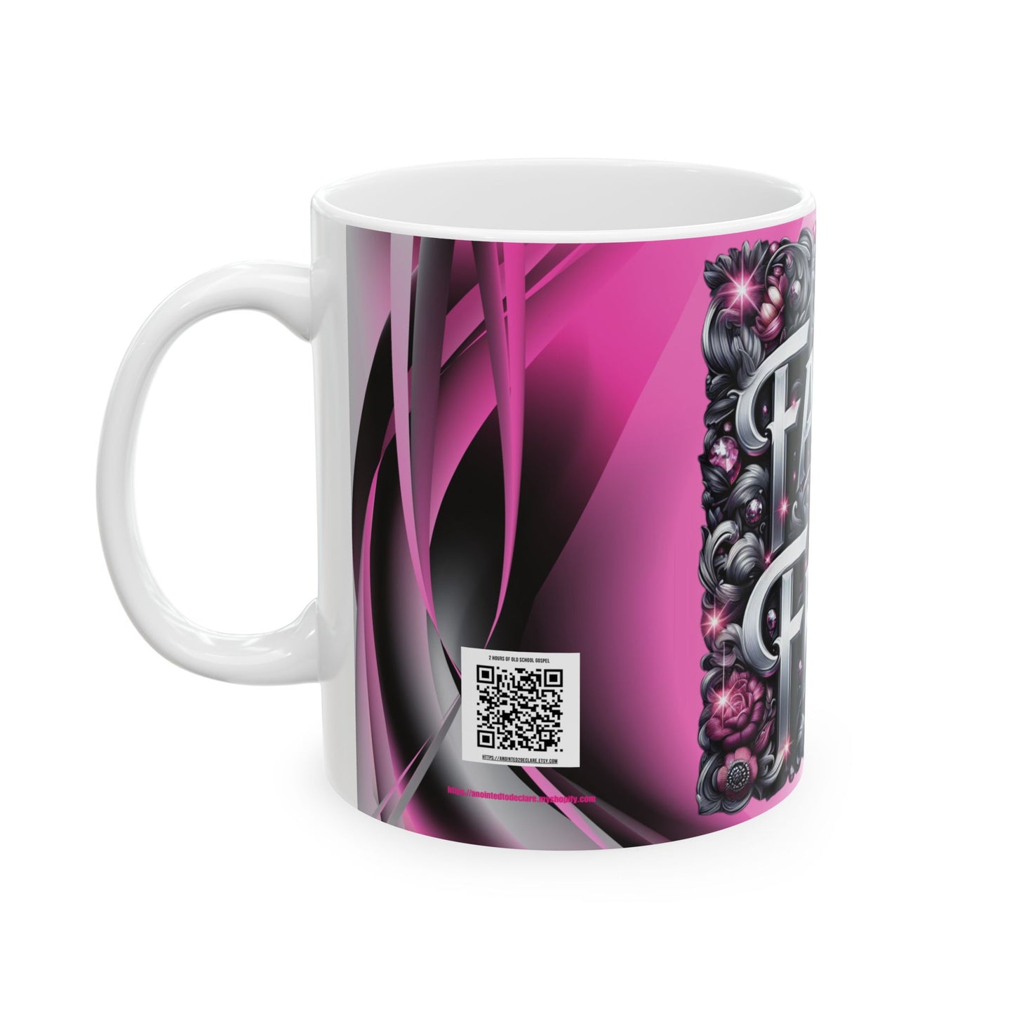 Silver Faith Over Fear Ceramic Mug, Inspirational Coffee Cup, Motivational Gift for Her, Spiritual Decor, Worship Music Link,