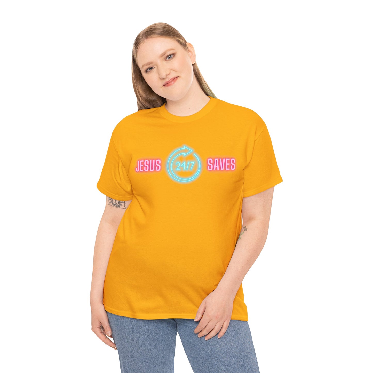 JESUS SAVES 24- 7  1- Unisex Heavy Cotton Tee