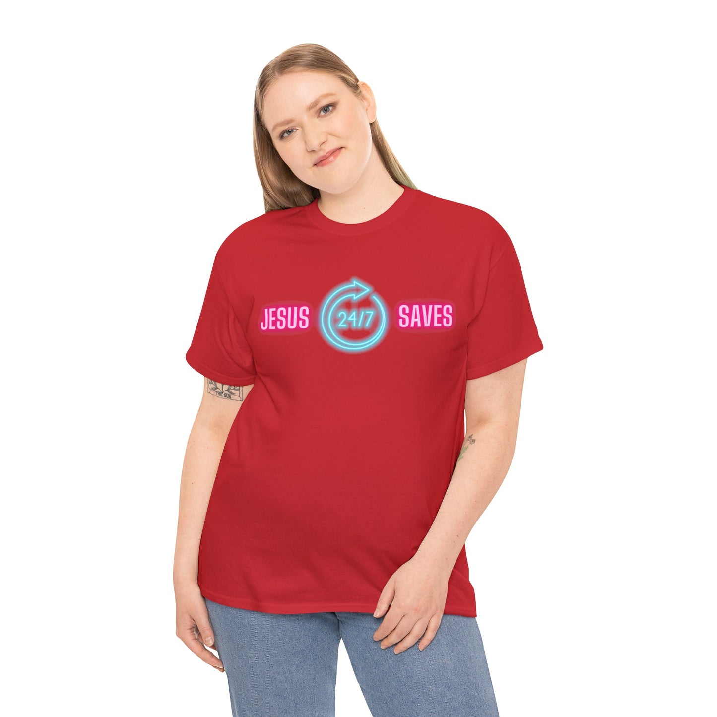 JESUS SAVES 24- 7  1- Unisex Heavy Cotton Tee