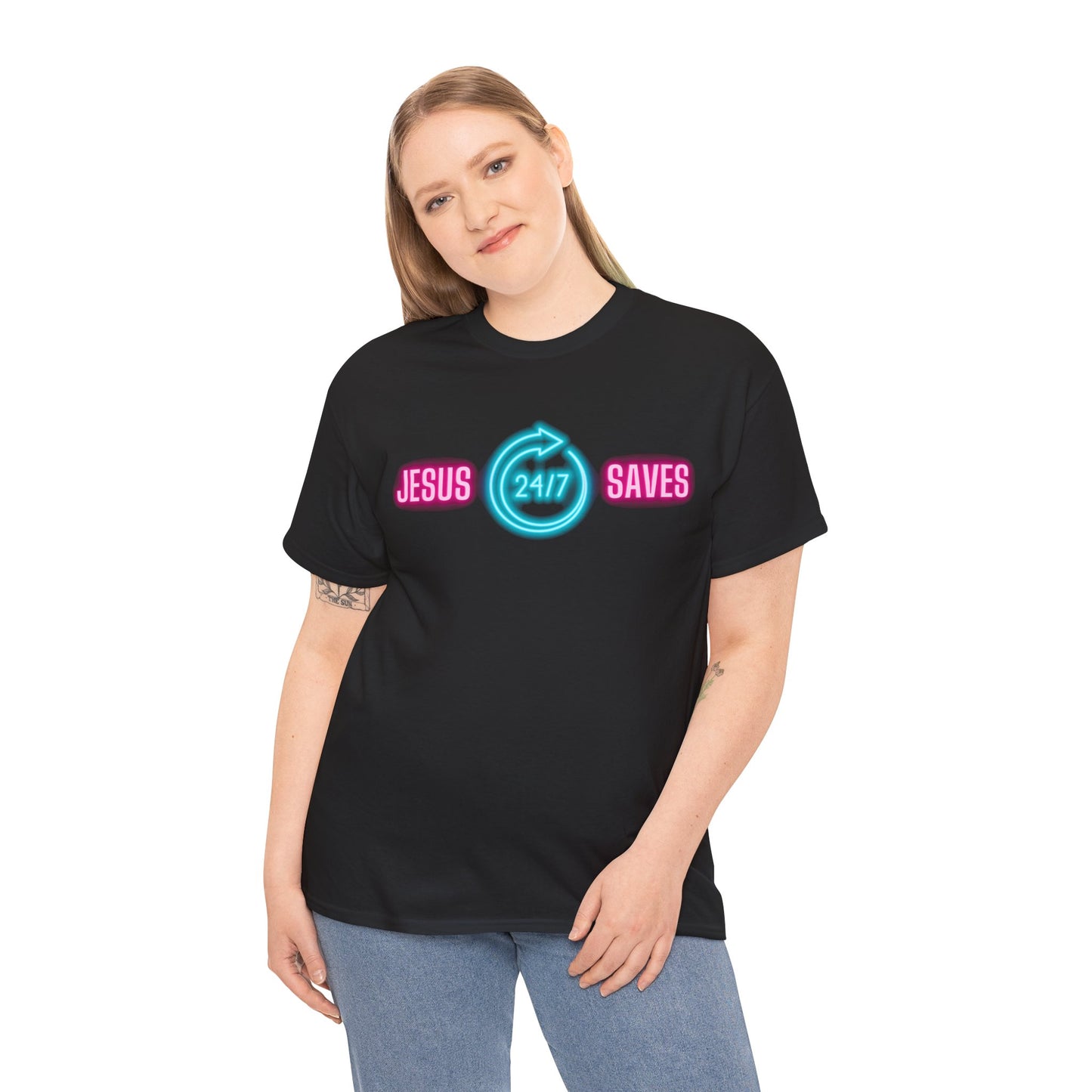 JESUS SAVES 24- 7  1- Unisex Heavy Cotton Tee